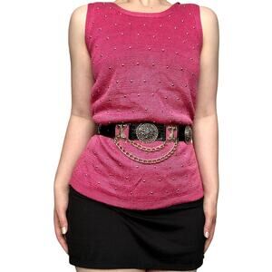 Gorgeous Vintage 70s L Suzelle Raspberry Pink Gold Studded Knit Tank Top Ramie